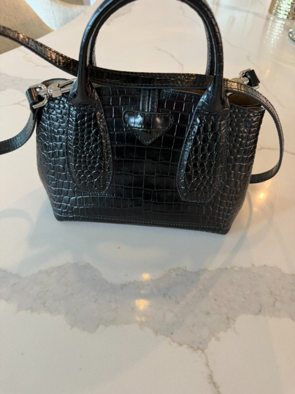 LONGCHAMP BLACK CROC EMBOSSED ROSEAU SMALL PURSE - Picture 3 of 5